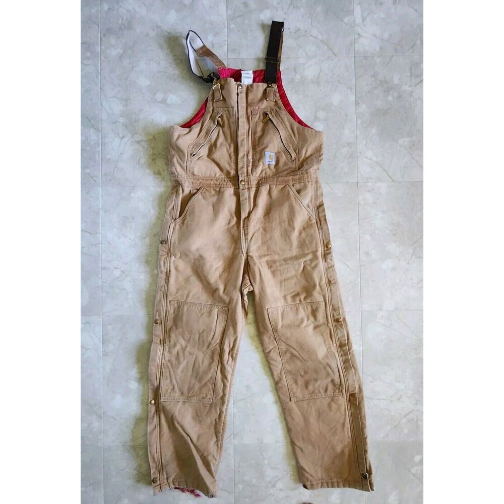 VTG Carhartt Overalls Canvas Red Quilt Lined Double Knee 44 Duck Tan Work Zip